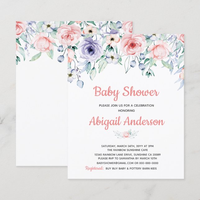 Papier Invitation de Baby shower floral rose rose Budget (Devant / Derrière)