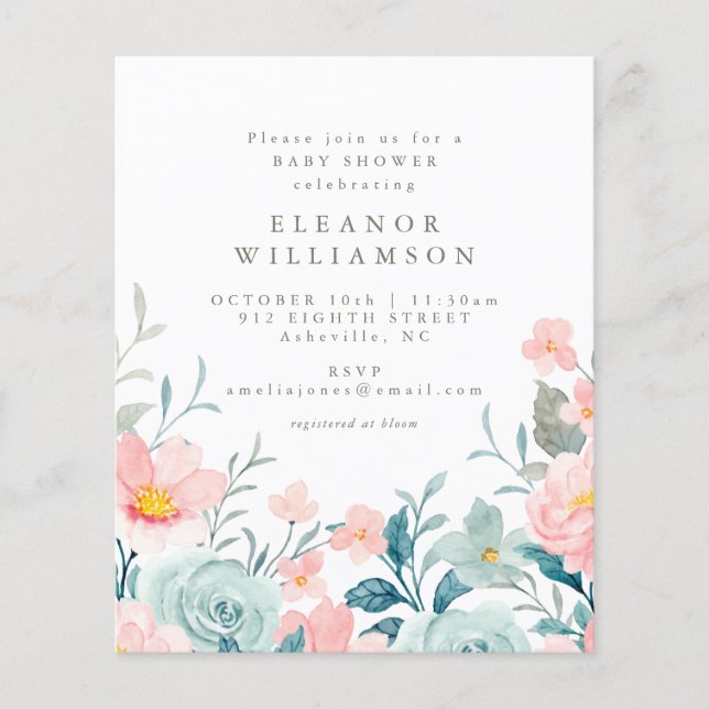 Papier Invitation de Baby shower Floral Turquoise Budget (Devant)