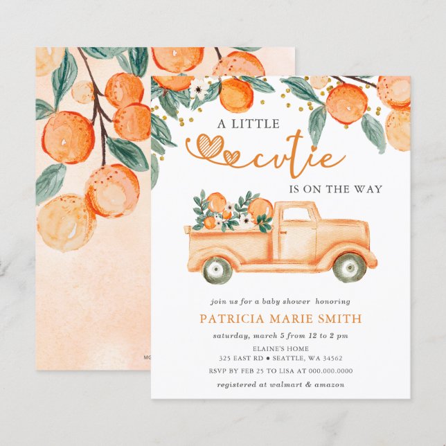 Papier Invitation de Baby shower orange Little Cutie Budg (Devant / Derrière)