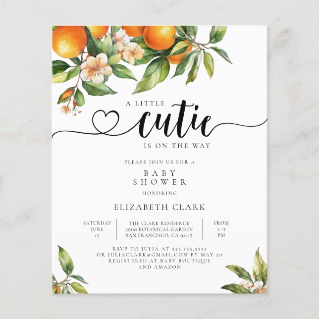 Papier Invitation de Baby shower orange Little Cutie Budg (Devant)