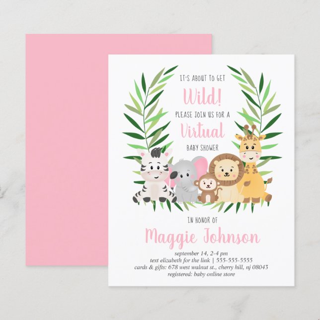 Papier Invitation de Baby shower rose Safari virtuel Budg (Devant / Derrière)