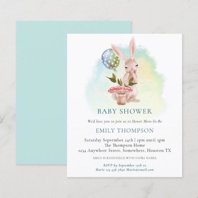 Papier Invitation de Baby shower Turquoise Bunny Budget (Devant / Derrière)