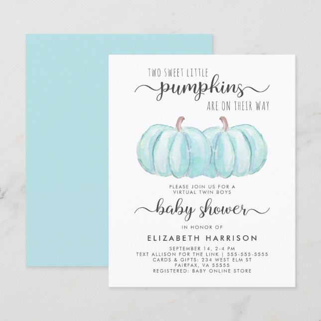 Papier Invitation de Baby shower virtuel Citrouille Twin  (Devant / Derrière)