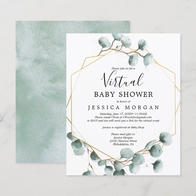 Papier Invitation de Baby shower virtuel Eucalyptus Budge (Devant / Derrière)