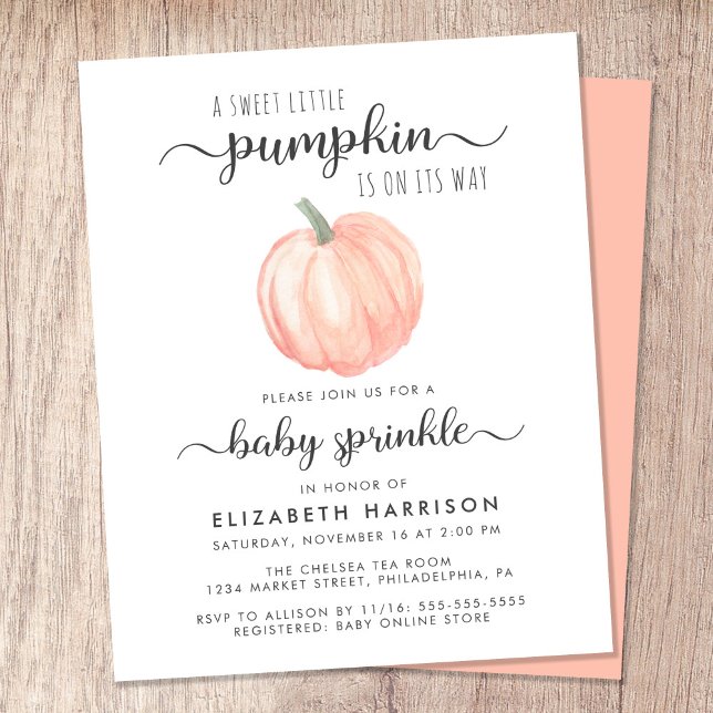 Papier Invitation de Baby Sprinkle à l'aquarelle orange c (Celebrate the upcoming arrival of your sweet little autumn baby with a pumpkin-themed baby sprinkle)