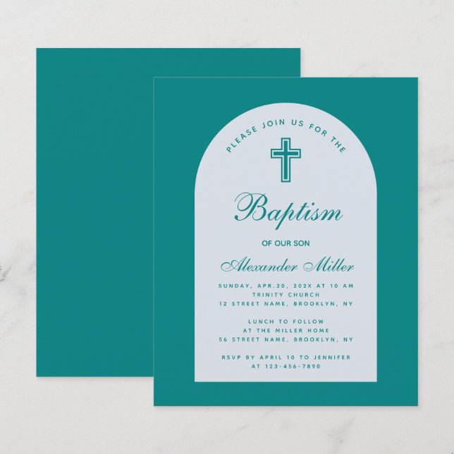 Papier Invitation de baptême à l'arc de script sarcelle B (Devant / Derrière)