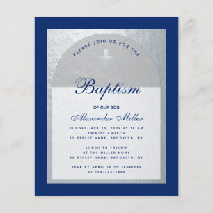 Papier Invitation de baptême bleu royal argent pour garço
