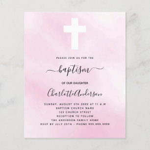 Papier Invitation de baptême budget rose ciel fille croix