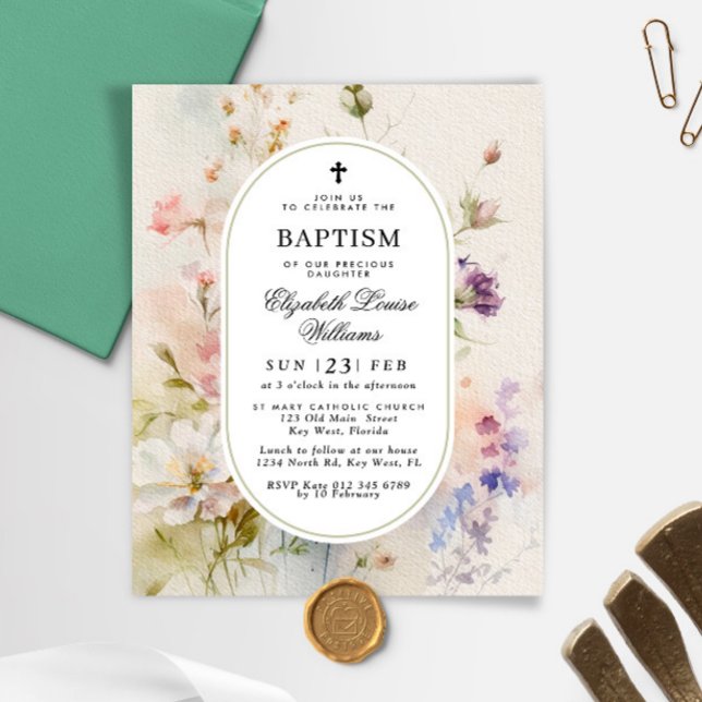 Papier Invitation de baptême de fleurs sauvages rustiques (Créateur téléchargé)