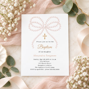 Papier Invitation de baptême fille perles arc rose