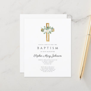 Papier Invitation de baptême florale blanche à croix reli