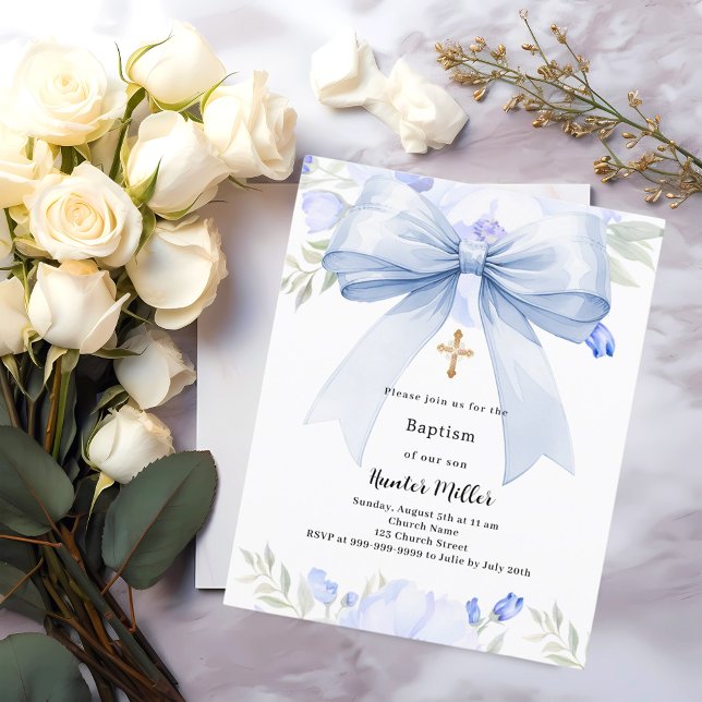 Papier Invitation de baptême garçon florales ruban bleu (Créateur téléchargé)