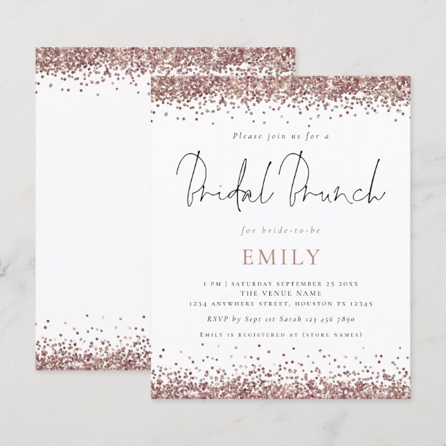Papier Invitation de brunch de mariage à paillettes rose  (Devant / Derrière)