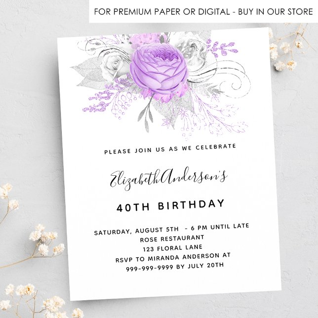 Papier Invitation de budget d'anniversaire floral violet  (Créateur téléchargé)