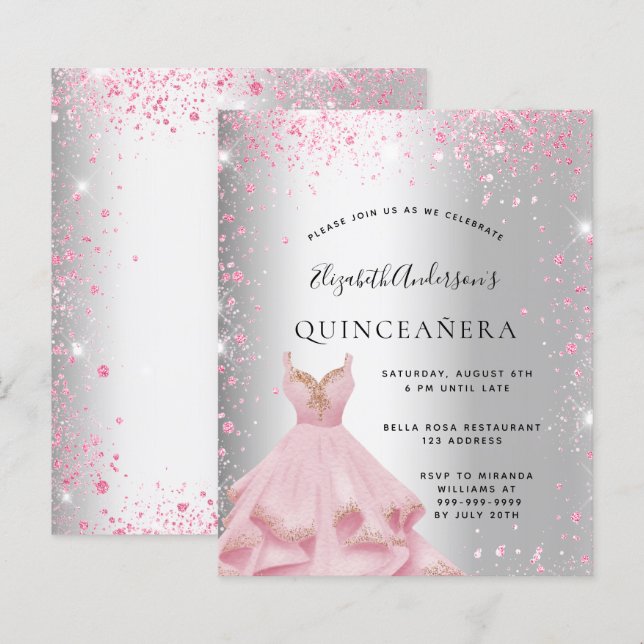 Papier Invitation de budget de robe argentée rose pour Qu (Devant / Derrière)
