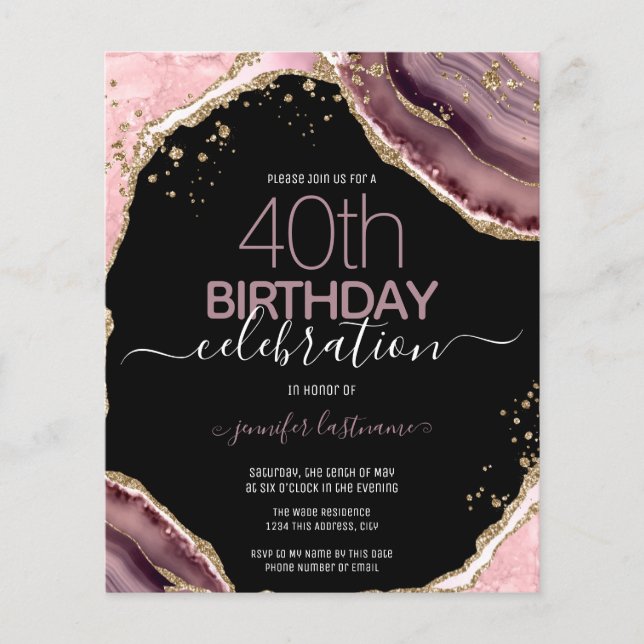 Papier Invitation de budget en agate rose violet pour 40e (Devant)