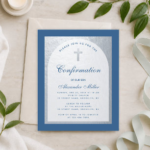 Papier Invitation de confirmation Classique Bleu Argent B
