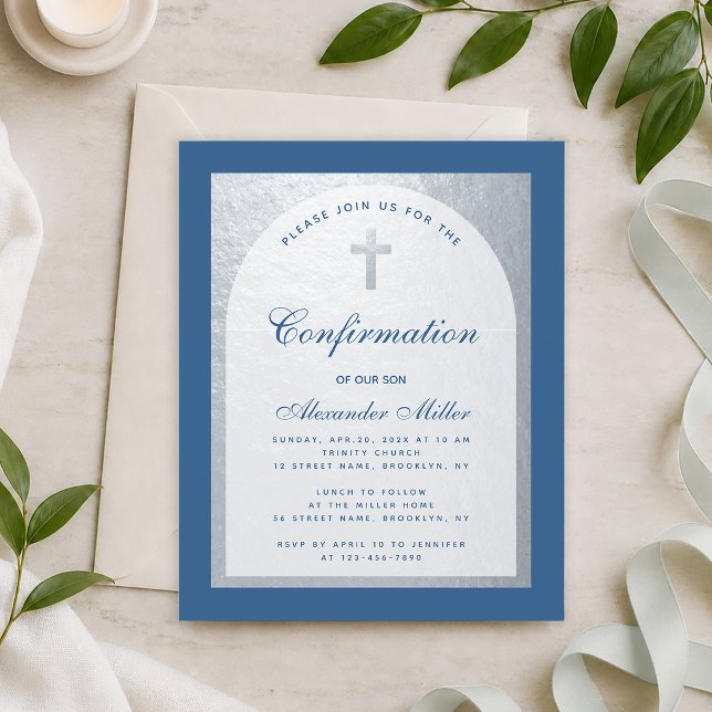 Papier Invitation de confirmation Classique Bleu Argent B (Créateur téléchargé)