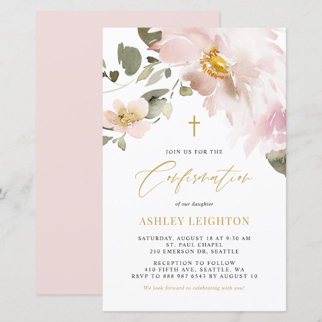 Papier Invitation de confirmation des fleurs d'aquarelle (Devant / Derrière)