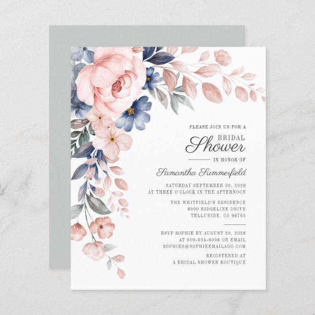 Papier Invitation de douche nuptiale Floral Budget (Devant / Derrière)