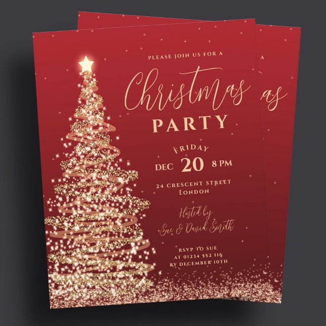 Papier Invitation de fête de Noël à petit budget Arbre ro (Budget Christmas Tree Party Red Holiday Invite )