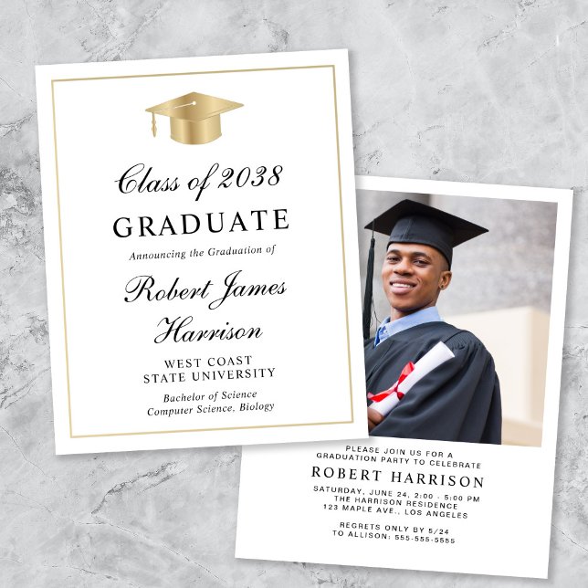 Papier Invitation de fête de remise des diplômes en or bl (An elegant college graduation party invitation to celebrate the graduate's achievements)