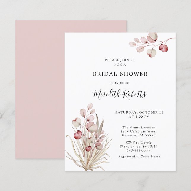 Papier Invitation de Fête des mariées Budget Pink Eucalyp (Devant / Derrière)