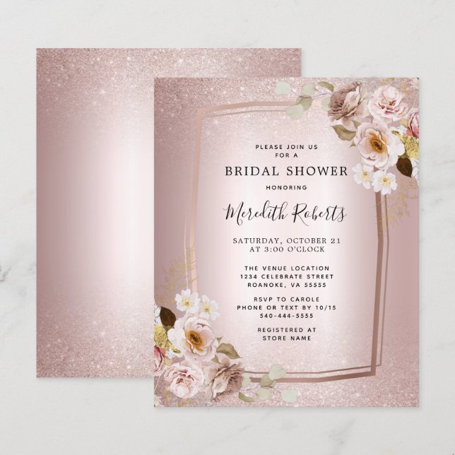 Papier Invitation de Fête des mariées Floral Blush Gold R (Devant / Derrière)