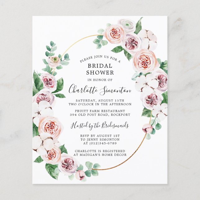 Papier Invitation de Fête des mariées florale rose budget (Devant)