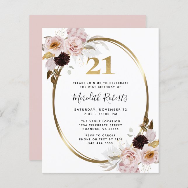 Papier Invitation de fête pour 21 ans avec rose florale d (Devant / Derrière)