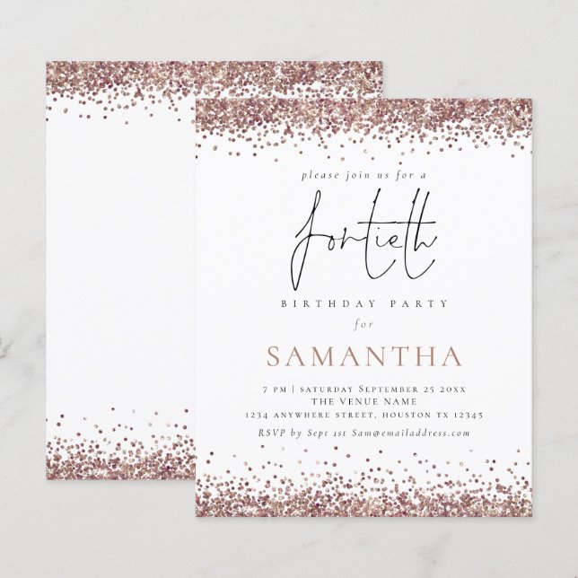Papier Invitation de fête pour 40 ans pailletée rose gold (Devant / Derrière)