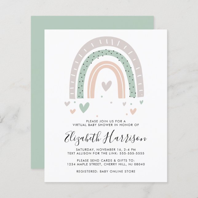 Papier Invitation de fête prénatale virtuelle Budget Boho (Devant / Derrière)