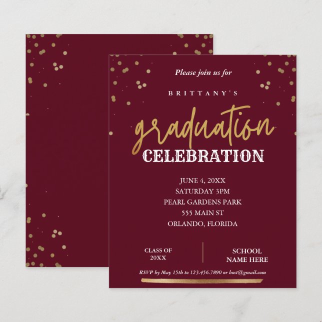 Papier Invitation de graduation en or rouge élégant du sc (Devant / Derrière)