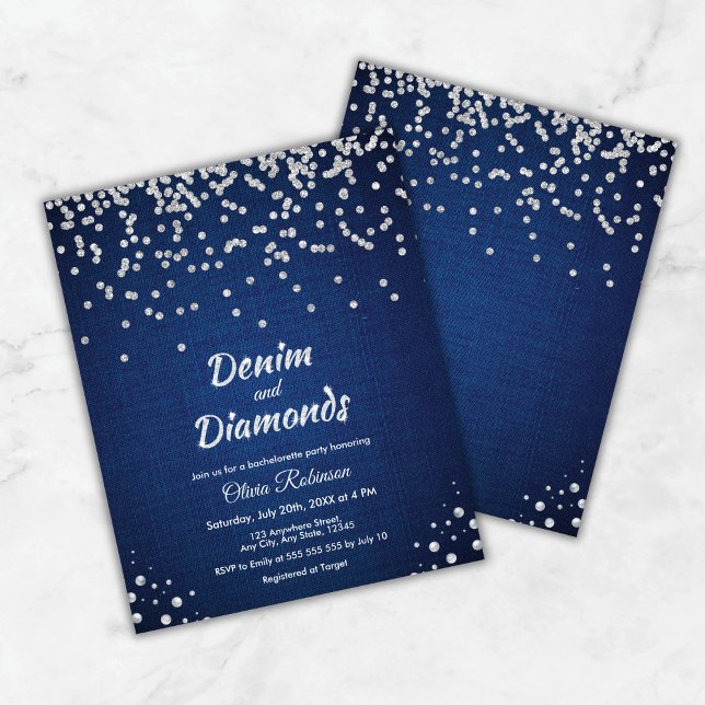 Papier Invitation de la Bachelorette Denim et Diamonds bl (Budget Blue Denim and Diamonds Bachelorette Party Invite     )