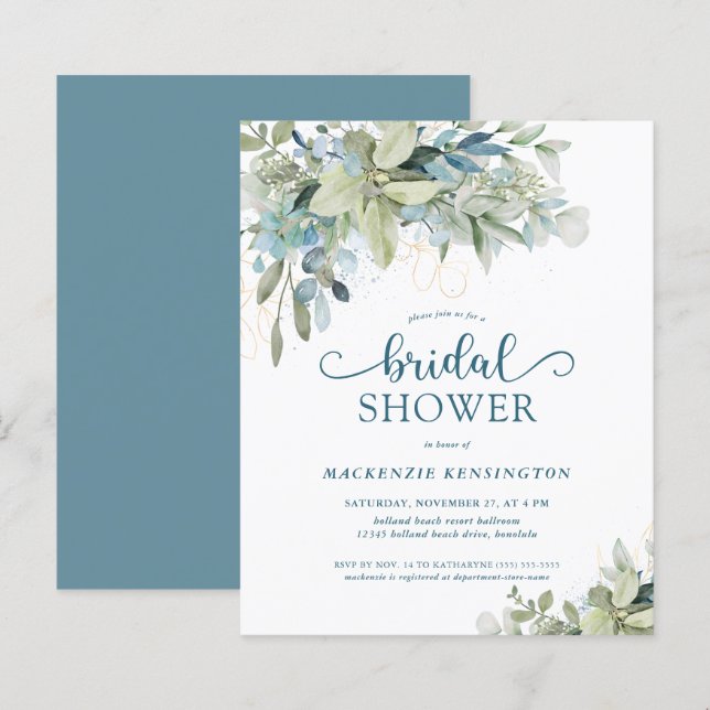 Papier Invitation de la douche nuptiale Eucalyptus bleu B (Devant / Derrière)