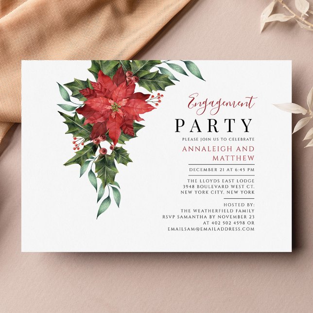 Papier Invitation de la fête d'engagement de Noël florale (Floral Greenery Poinsettia Holiday Engagement Party Invitation)