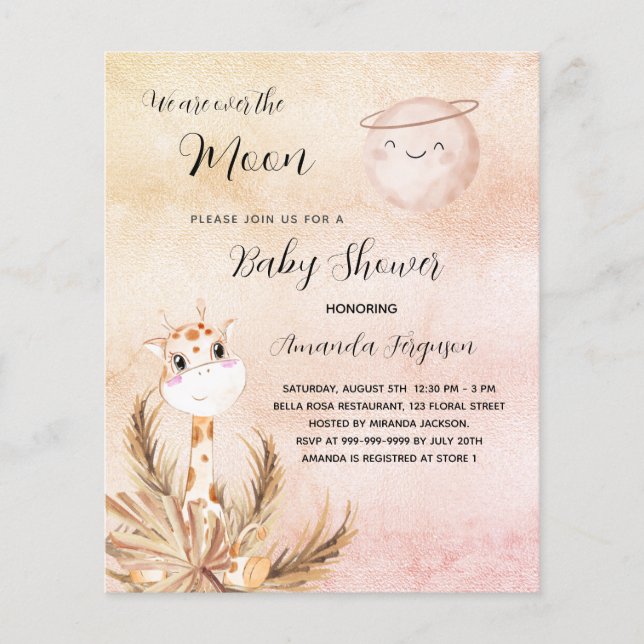 Papier Invitation de la girafe de Baby shower de lune de  (Devant)