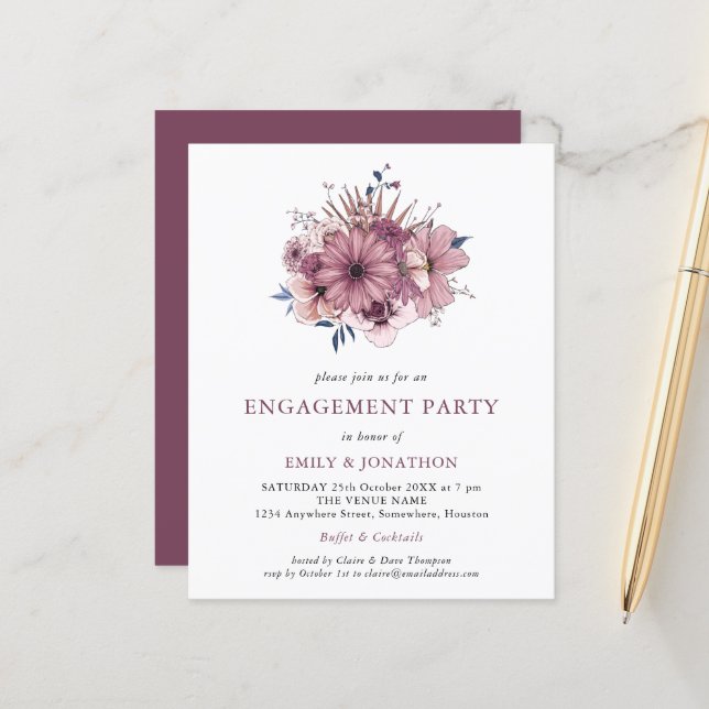 Papier Invitation de la partie d'engagement Budget Purple (Devant/Arrière en situation)