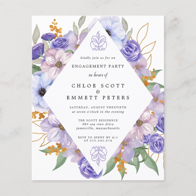 Papier Invitation de la partie d'engagement floral violet (Devant)