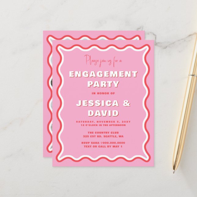 Papier Invitation de la partie d'engagement photo rose bu (Devant/Arrière en situation)