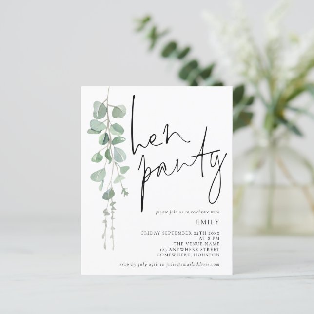 Papier Invitation de la partie Eucalyptus Hen Script Budg (Debout devant)
