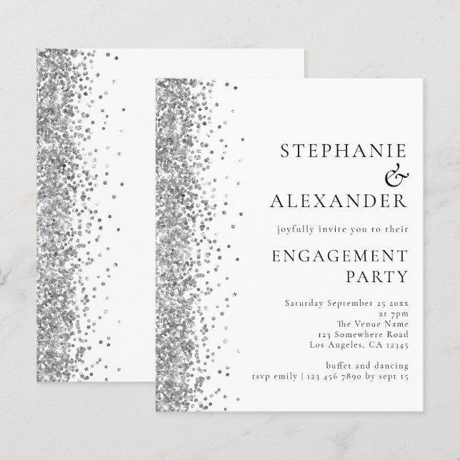 Papier Invitation de la Parties scintillant d'argent budg (Devant / Derrière)