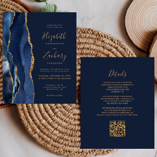 Papier Invitation de mariage à code QR agate dorée bleu m