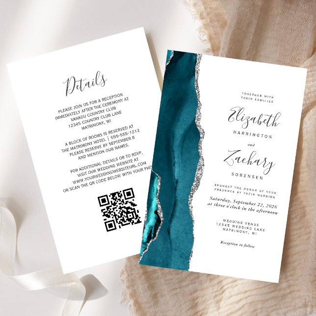 Papier Invitation de mariage à code QR Agate sarcelle arg (Créateur téléchargé)