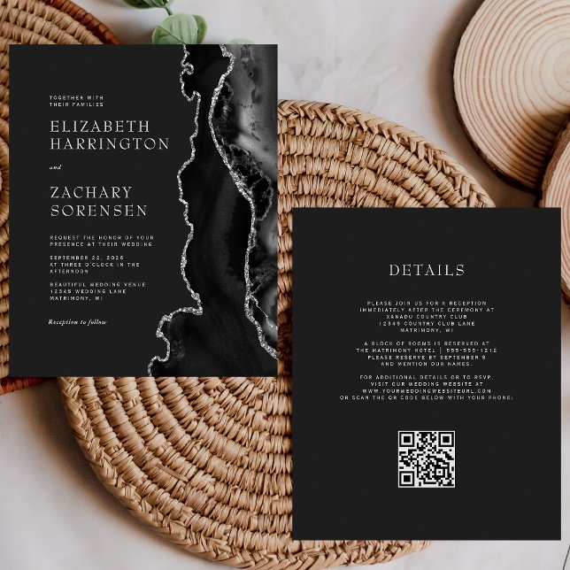 Papier Invitation de mariage à code QR argent Agate noir  (Créateur téléchargé)
