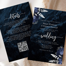 Papier Invitation de mariage à code QR floral argenté pou