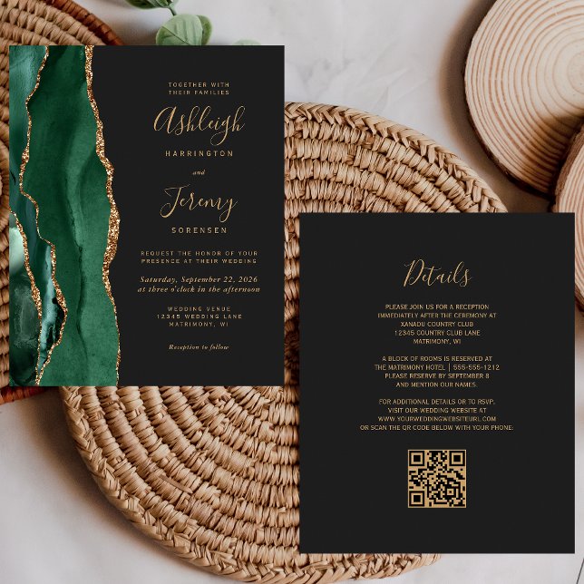 Papier Invitation de mariage à code QR Or Vert Émeraude B (Créateur téléchargé)