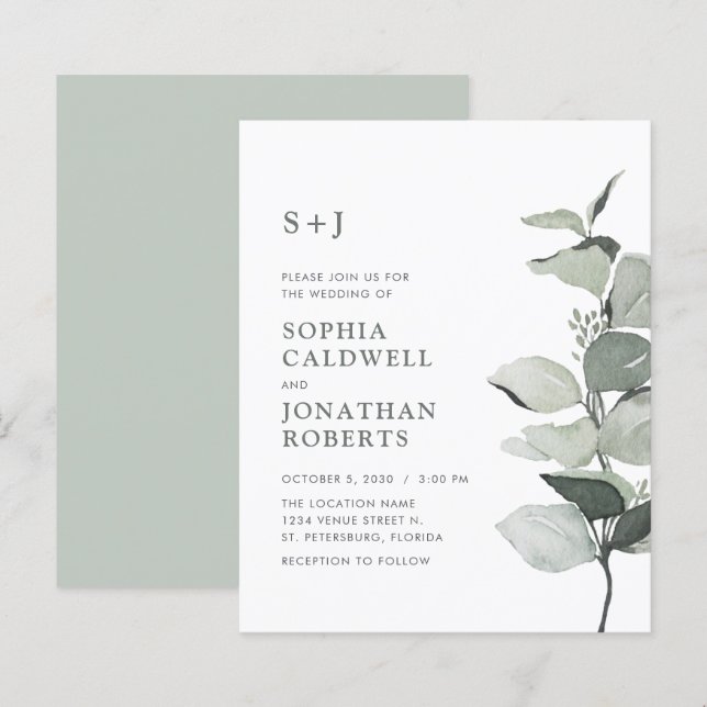 Papier Invitation de mariage à l'eucalyptus simple de for (Devant / Derrière)