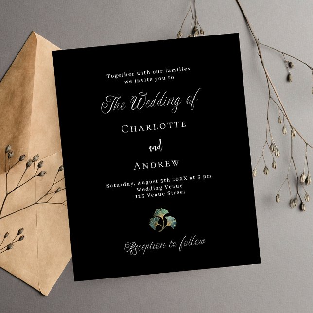 Papier Invitation de mariage à thème noir avec feuillage  (Créateur téléchargé)