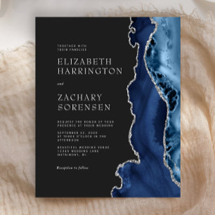 Papier Invitation de mariage argentée avec agate bleu mar